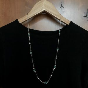 Silver and turquoise tone beaded strand, long necklace